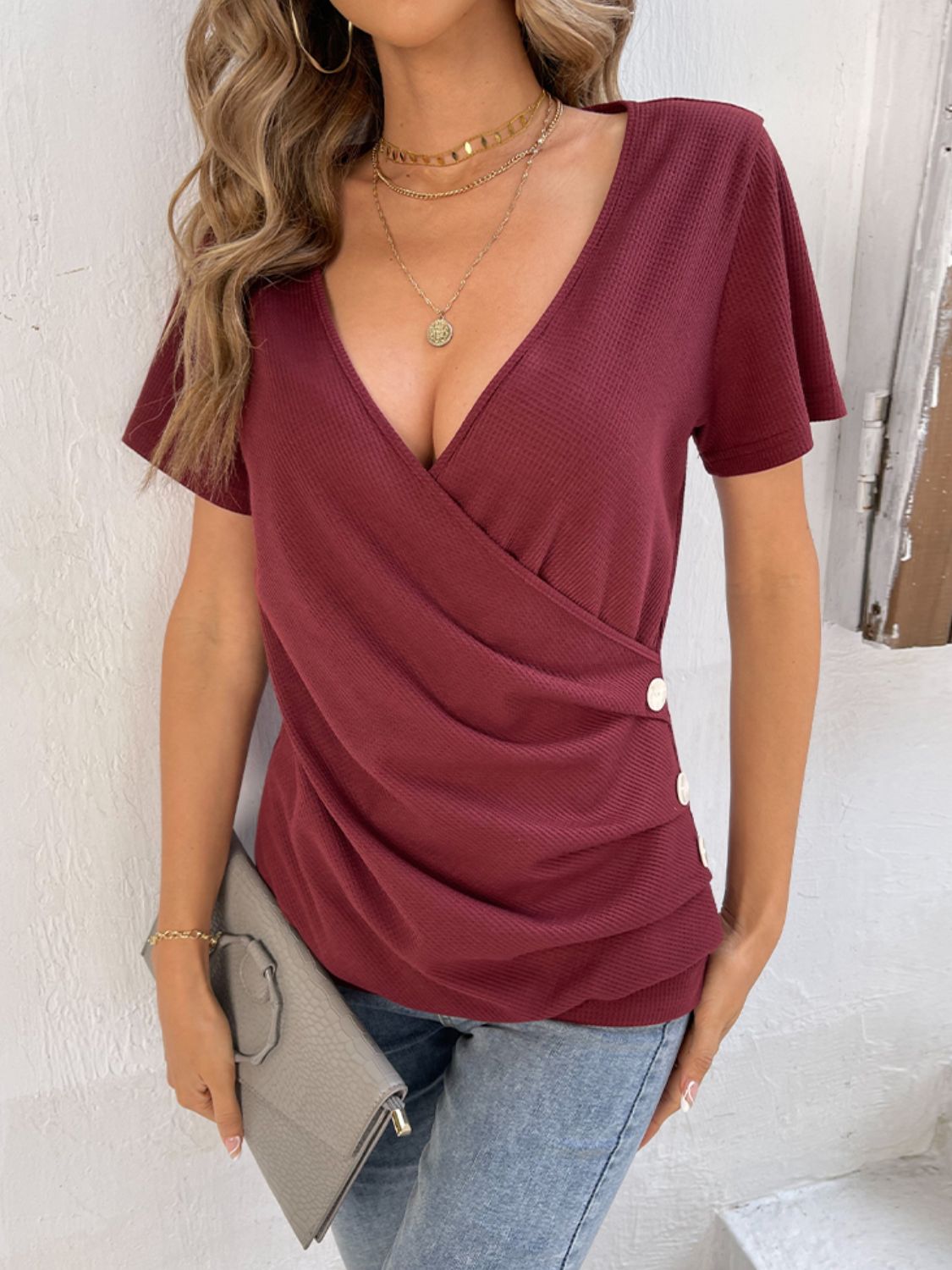 Button Detail Surplice Short Sleeve Tee - MiaMoré