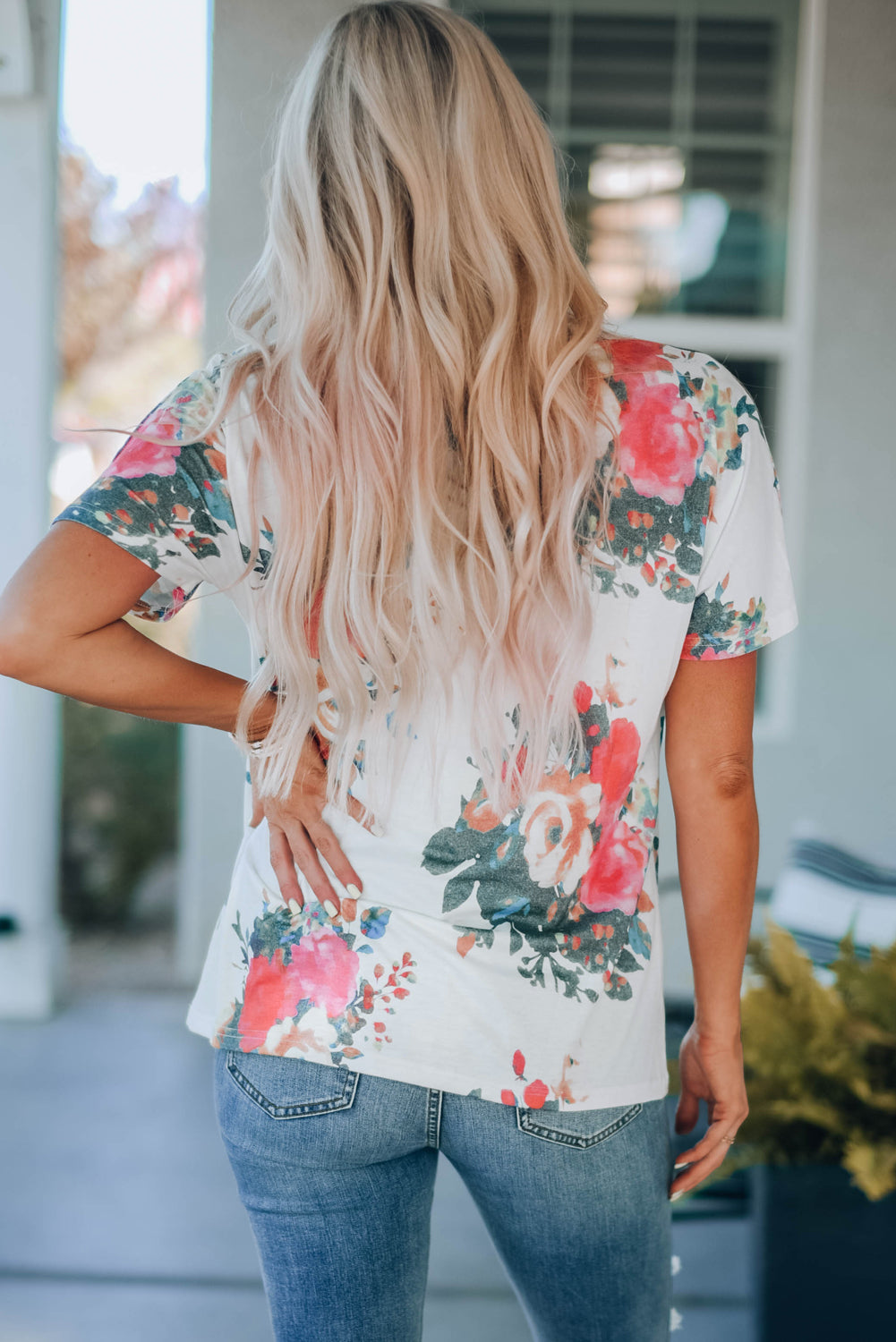 Floral V-Neck Tee Shirt - MiaMoré