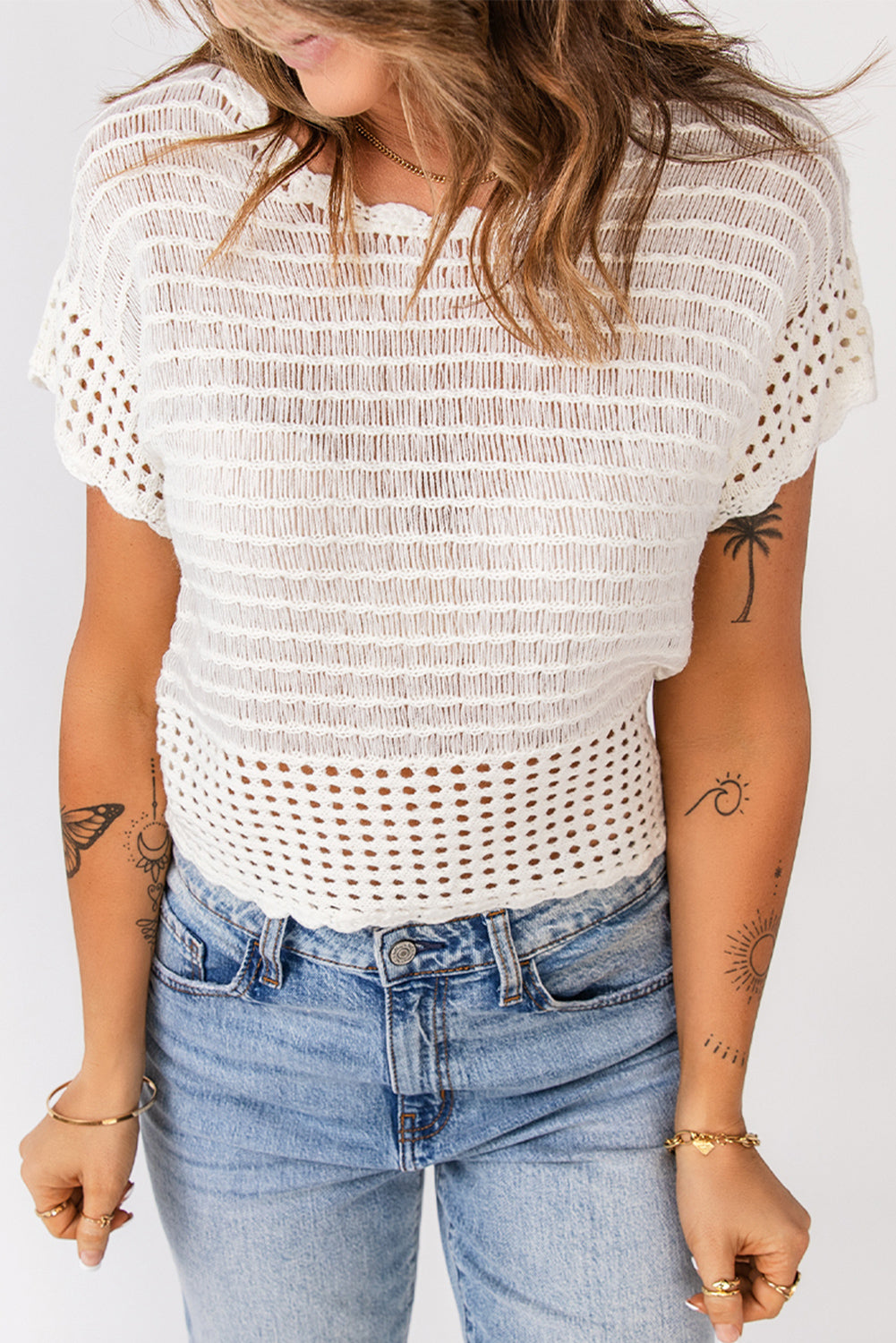 Scalloped Trim Openwork Knit Cropped Top - MiaMore | Luxary Classic Charm
