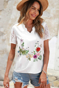 Thumbnail for Floral Graphic Scalloped V-Neck Top - MiaMore | Luxary Classic Charm