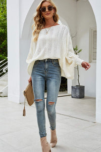 Thumbnail for Openwork Boat Neck Dolman Sleeve Sweater