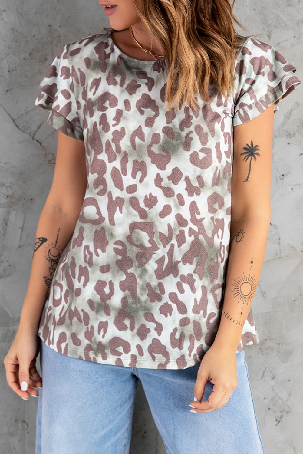 Leopard Layered Flutter Sleeve Tee Shirt - MiaMore | Luxary Classic Charm
