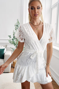 Thumbnail for Floral Lace Pompom Detail Tie-Waist Flutter Sleeve Dress