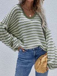 Thumbnail for Striped Drop Shoulder V-Neck Pullover Sweater
