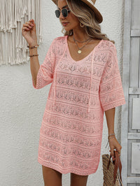 Thumbnail for Openwork V-Neck Mini Knit Dress
