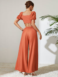 Thumbnail for Tie Front Cropped Top and Smocked Wide Leg Pants Set