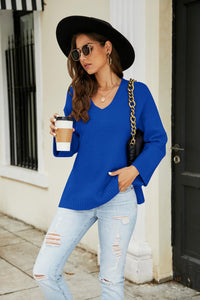 Thumbnail for Drop Shoulder V-Neck Knit Pullover