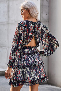 Thumbnail for Floral Frill Trim Plunge Flounce Sleeve Dress