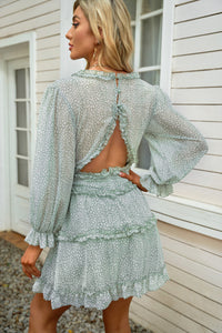 Thumbnail for Floral Frill Trim Plunge Flounce Sleeve Dress