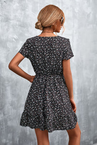 Thumbnail for Ditsy Floral V-Neck Short Sleeve Dress