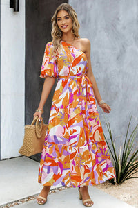 Thumbnail for Printed One-Shoulder Tie Belt Maxi Dress