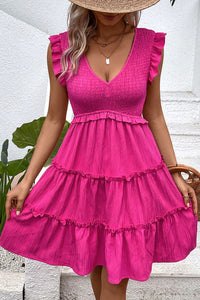 Thumbnail for Smocked Frill Trim Deep V Dress