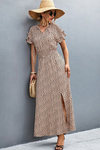 Thumbnail for Printed Tie-Neck Flutter Sleeve Split Dress