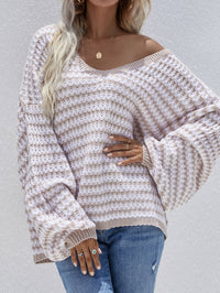 Thumbnail for Striped Drop Shoulder V-Neck Pullover Sweater