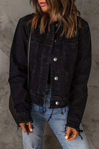 Thumbnail for Frayed Trim Button Down Denim Jacket