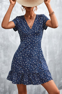Thumbnail for Ditsy Floral V-Neck Short Sleeve Dress