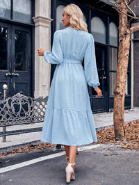 Thumbnail for Swiss Dot Belted Surplice Puff Sleeve Midi Dress