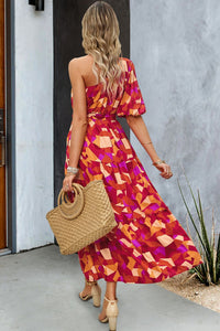 Thumbnail for Printed One-Shoulder Tie Belt Maxi Dress