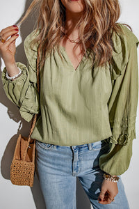 Thumbnail for Ruffled Notched Neck Balloon Sleeve Blouse - MiaMore | Luxary Classic Charm