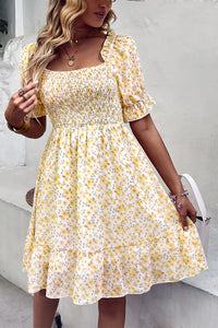 Thumbnail for Floral Smocked Square Neck Flounce Sleeve Dress