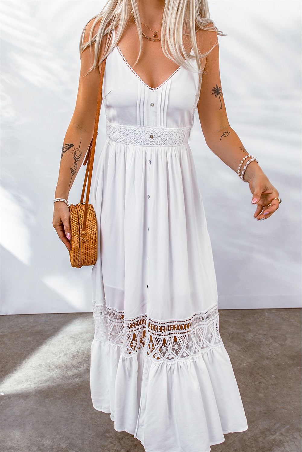 Buttoned Spliced Lace Spaghetti Strap Maxi Dress - MiaMore | Luxary Classic Charm