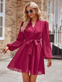 Thumbnail for Belted Surplice Neck Long Sleeve Mini Dress