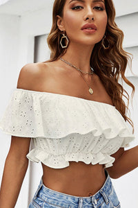 Thumbnail for Eyelet Layered Off-Shoulder Cropped Blouse - MiaMore | Luxary Classic Charm