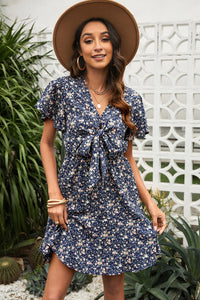 Thumbnail for Floral Tied V-Neck Flutter Sleeve Mini Dress