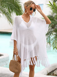 Thumbnail for Fringe Trim Dolman Sleeve Openwork Cover-Up