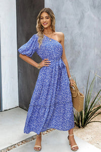 Thumbnail for Printed One-Shoulder Tie Belt Maxi Dress