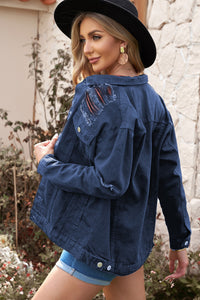 Thumbnail for Distressed Button-Up Denim Jacket with Pockets