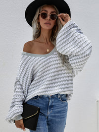 Thumbnail for Striped Drop Shoulder V-Neck Pullover Sweater