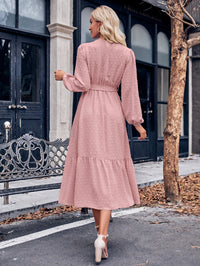 Thumbnail for Swiss Dot Belted Surplice Puff Sleeve Midi Dress