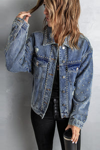 Thumbnail for Studded Button Down Denim Jacket
