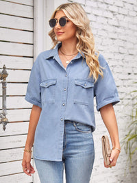 Thumbnail for Collared Neck Short Sleeve Denim Jacket