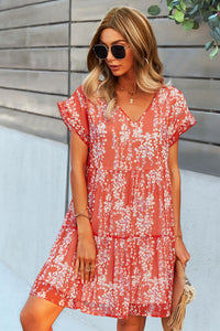Thumbnail for Printed V-Neck Short Sleeve Tiered Dress