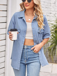 Thumbnail for Collared Neck Short Sleeve Denim Jacket