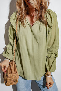Thumbnail for Ruffled Notched Neck Balloon Sleeve Blouse - MiaMore | Luxary Classic Charm