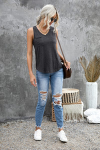 Thumbnail for V-Neck Curved Hem Pocket Tank