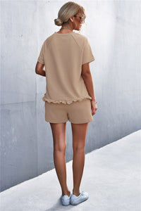 Thumbnail for Raglan Sleeve Ruffle Hem Top and Shorts Set with Pockets