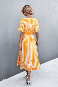 Thumbnail for Striped Tie Belt Midi Dress