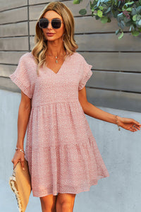 Thumbnail for Printed V-Neck Short Sleeve Tiered Dress