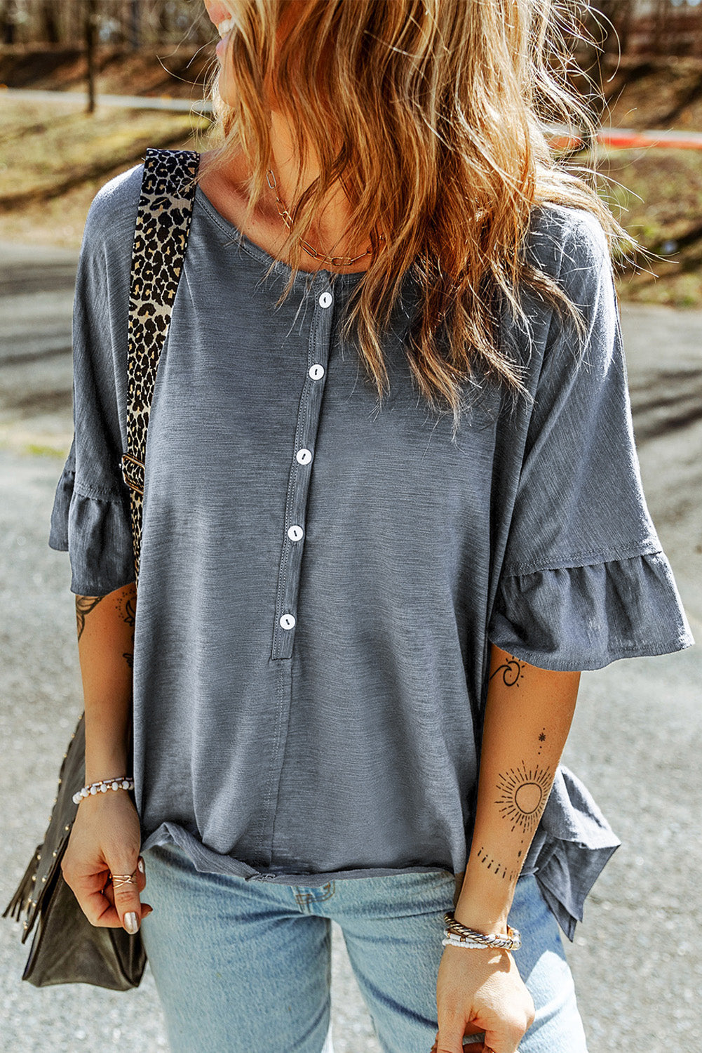 Button Front Flounce Sleeve Tee - MiaMoré