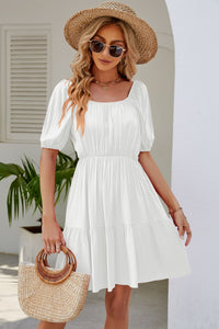 Thumbnail for Ruched Square Neck Puff Sleeve Mini Dress