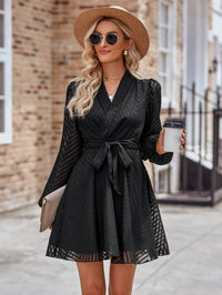 Thumbnail for Belted Surplice Neck Long Sleeve Mini Dress