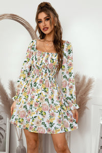 Thumbnail for Floral Flounce Sleeve Smocked Square Neck Dress