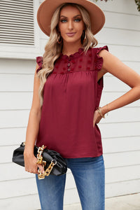 Thumbnail for Swiss Dot Buttoned Ruffle Trim Tank