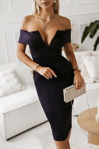 Thumbnail for Off-Shoulder Zip-Back Slit Dress - MiaMore | Luxary Classic Charm
