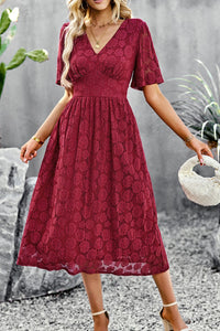 Thumbnail for V-Neck Puff Sleeve Lace Midi Dress