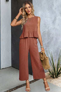 Thumbnail for Decorative Button Ruffle Hem Tank and Pants Set